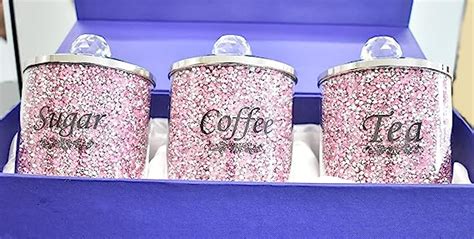 Biznest Crushed Diamond PINK Diamante Tea Coffee Sugar Canisters Jars Organiser Containers Set ...