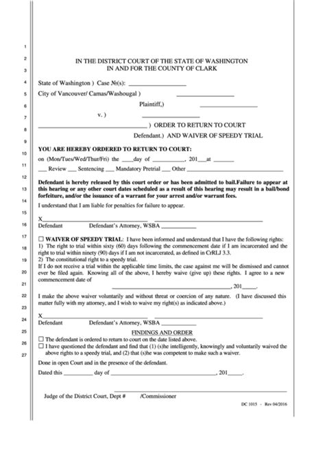 Fillable Form Dc 1015-Order To Return To Court And Waiver Of Speedy Trial printable pdf download