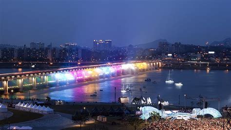 HD wallpaper: Han River, bridge, rainbow illumination, night, Seoul ...