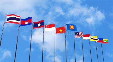 3D Rendering of Asean Country`s Flags on Sky Stock Illustration ...