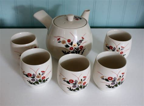 Vintage Porcelain JAPANESE Teapot Tea Pot Set Double Handle & 5 Cups