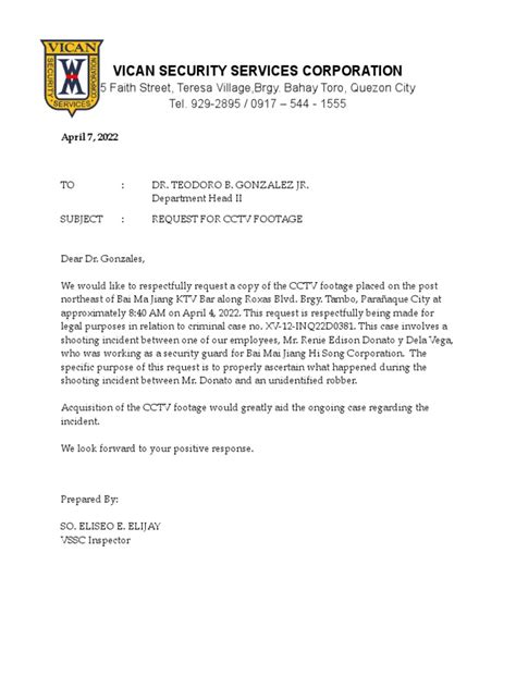 Request Letter For CCTV Footage | PDF