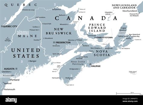 Maritimes region of Eastern Canada, Maritime provinces, gray political ...