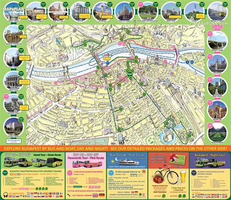 Budapest map - Old Town hop-on hop-off pink & green bus tour routes diagram showing Royal Castle ...