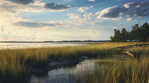 Brackish Estuarine Marsh Landscape Stock Illustration - Illustration of flats, water: 300731071