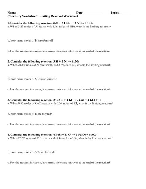 Limiting Reactant Worksheet