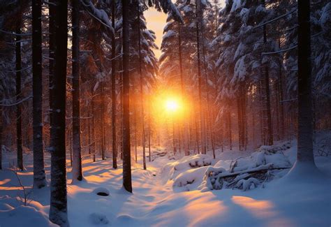 Premium AI Image | Photo of winter sunset beautiful nature forest with ...