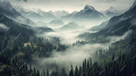 Premium AI Image | A foggy mountain landscape with mountains in the ...