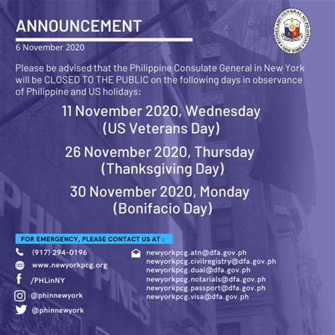 Holiday Announcement, 11, 26 and 30 November 2020 - Philippine Consulate General