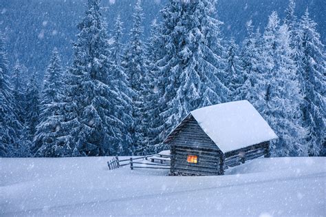 Nature hut forest snow winter trees cabin wallpaper 6810x4530