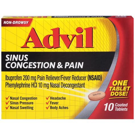 Advil Sinus Congestion & Pain Relief, Pain & Fever Reducer, 10 Ct ...