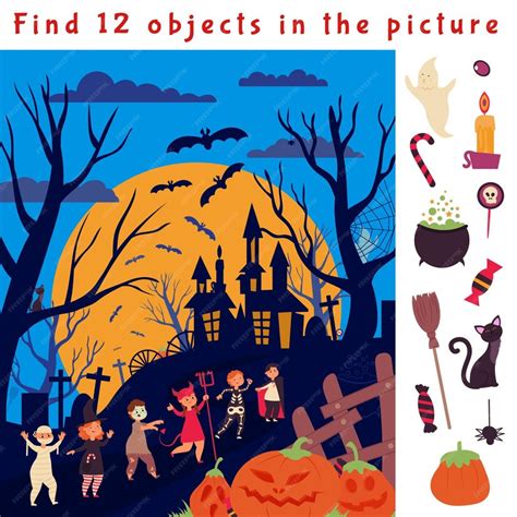 Premium Vector | Find hidden objects Halloween game location fun ...