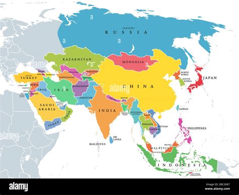 Continent Asia, political map with colored single states and countries. With the Asian part of ...