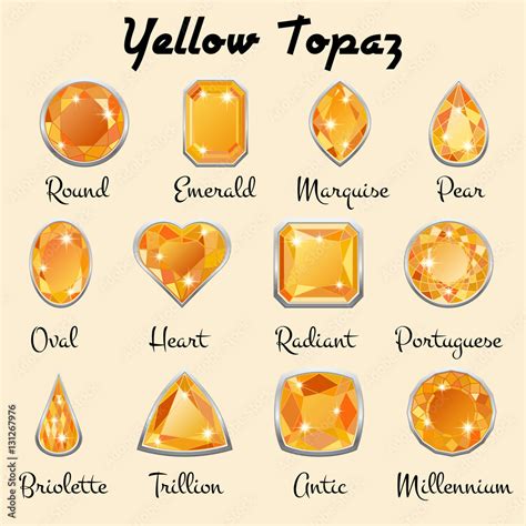 Vetor de Set of different types of cuts of precious stone Topaz in realistic shapes in yellow ...