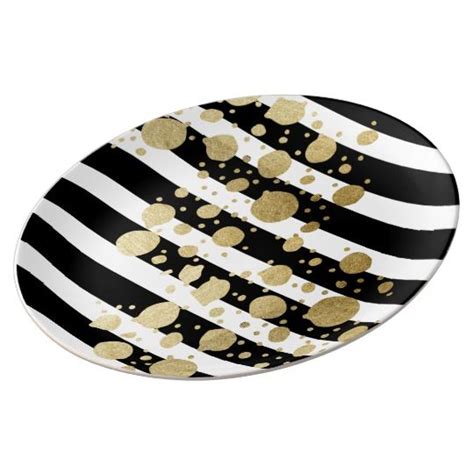 Faux Gold Paint Splatter on Black & White Stripes Plate | Zazzle.co.uk ...