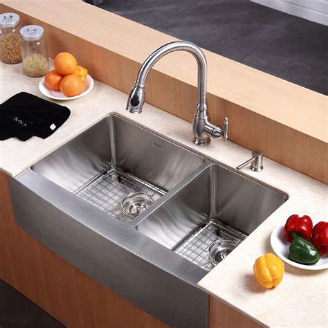 Kraus Farmhouse 33" 60/40 Double Bowl Kitchen Sink & Reviews | Wayfair