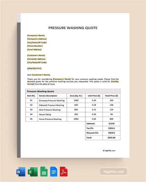 Free Pressure Washing Quote Template