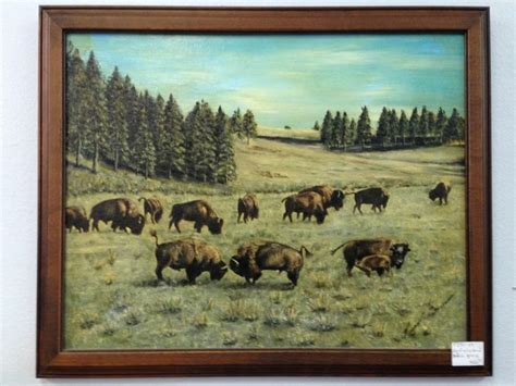 Herd of Buffalo Original Oil on Board. A very nice folk/primitive view of American Bison with 2 ...