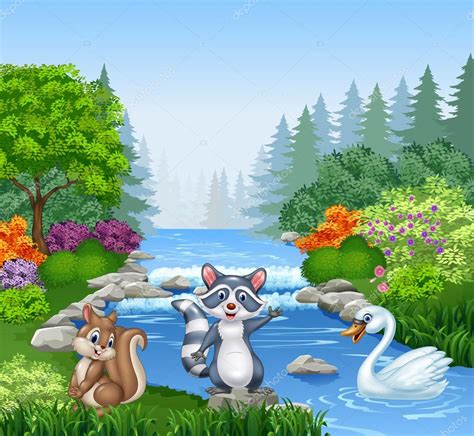 Dibujos animados animales divertidos en Hermoso río en el bosque 2023