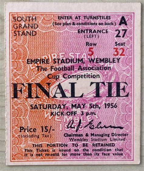 1956 ORIGINAL FA CUP FINAL TICKET BIRMINGHAM CITY V MANCHESTER CITY A27 ...