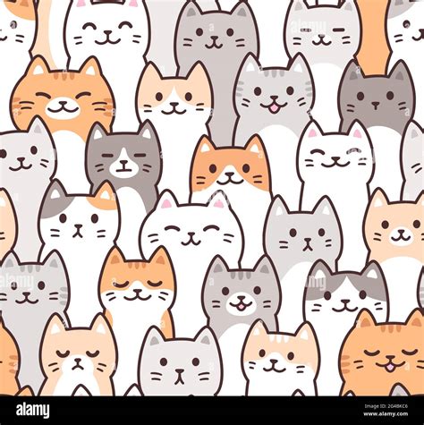 Cute cartoon doodle cats pattern. Kawaii crowd of cat faces. Seamless ...