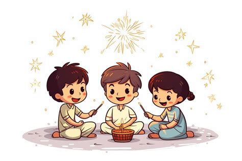 Premium Photo | Illustration of kids playing diwali crackers flat doodle