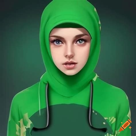 3d model of a girl wearing a green hoodie and hijab with a palestine flag on Craiyon