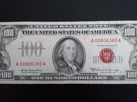 $100 One Hundred Dollar Bill 1966 Series A United States Note Red Seal ...