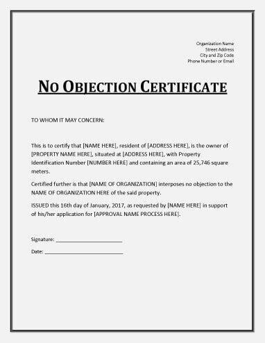 No Objection Certificate Templates [Property, Study] | Hloom in Letter Of Objection Template ...