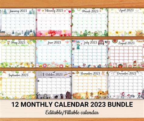 EDITABLE Monthly Calendar 2023 Bundle Cute Printable Fillable | Etsy UK