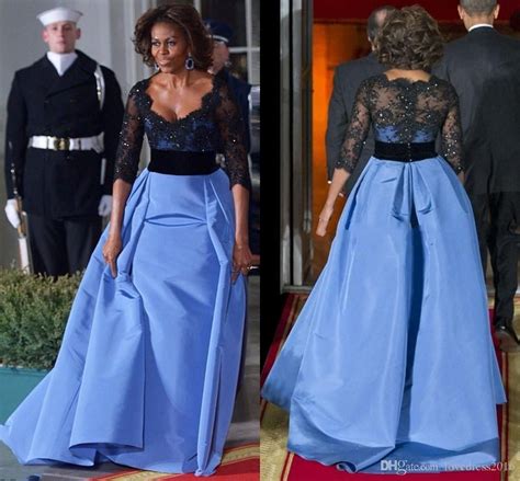 Celebrity Michelle Obama Beaded Black Lace Half Sleeves Prom Gowns Zipper Back Vestidos De Festa ...