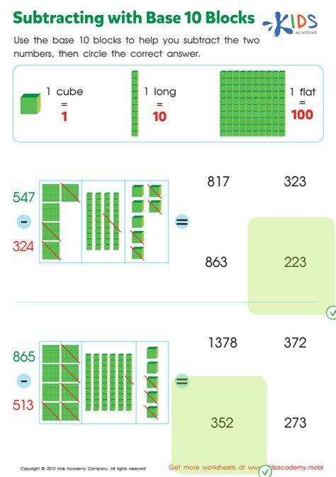 Subtracting with Base 10 Blocks Worksheet: Free Printout for Kids - Answers and Completion Rate