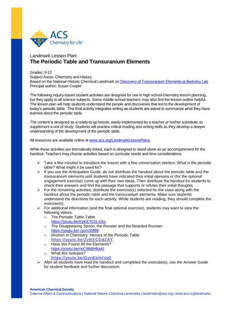 (PDF) Periodic Table & Transuranium Elements Lesson Plan · periodic ...