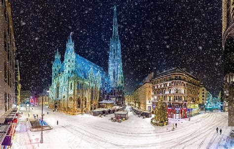 vienna, st stephan's cathedral, stephansplatz, austria, snow, snowfall, winter, night, panorama ...