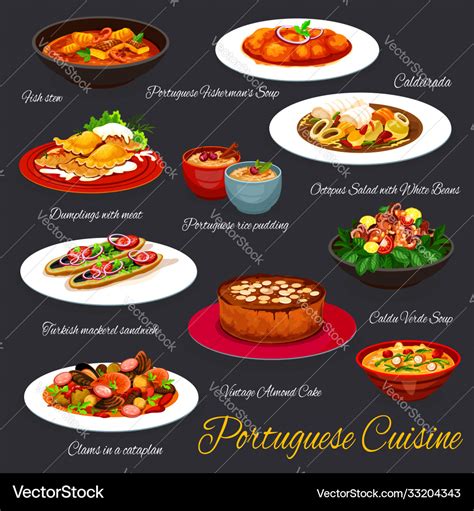 Portuguese cuisine food portugal restaurant menu Vector Image