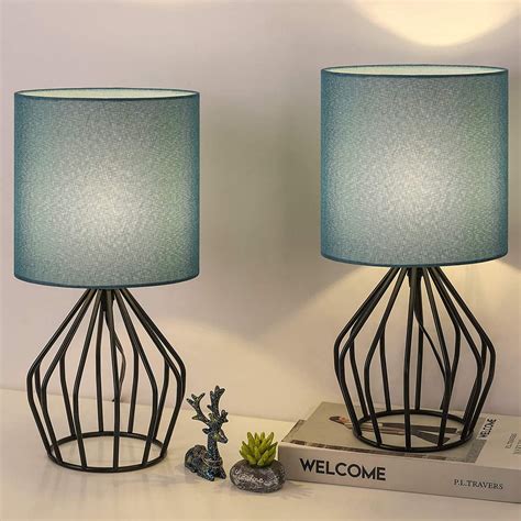 Modern Table Lamps Set of 2 - Black Metal Bedside Teal Lamps for ...