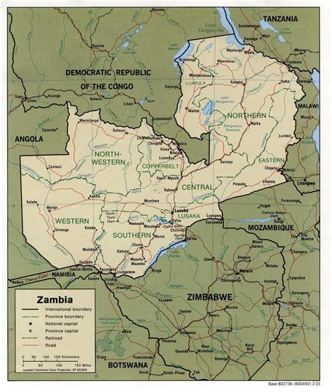 Map of Zambia showing physical features - Zambia physical features map (Eastern Africa - Africa)