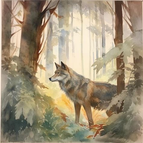 Premium AI Image | A watercolor painting of a wolf in the woods.