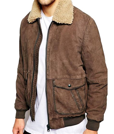 Men's Bomber Brown Leather Jacket with Sherpa Fur Collar - Jackets Creator