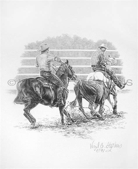 Team Roping, Drawing of Rodeo Cowboys Team Roping at the Rodeo, Western ...