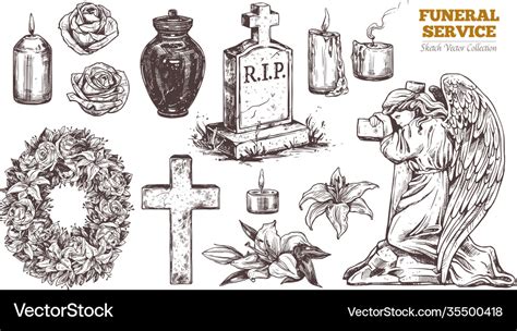 Funeral service hand drawn set Royalty Free Vector Image