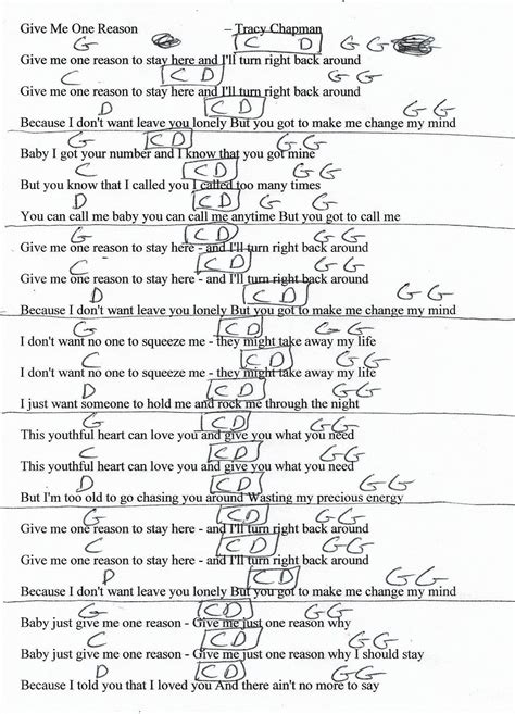 Give Me One Reason (Tracy Chapman) Guitar Chord Chart