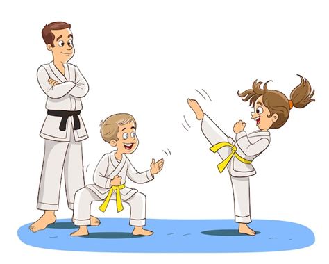 Premium Vector | Cartoon kids training martial arts in kimono uniform. Karate or taekwondo ...