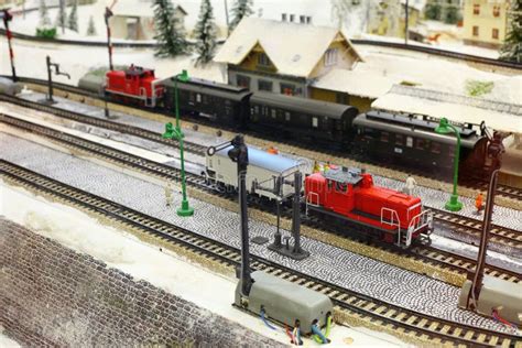 Train Models and Railroad Tracks with Winter Scenery Stock Photo ...