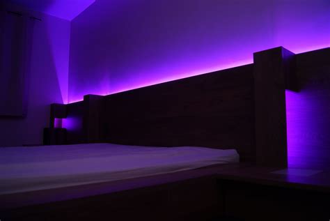 Bed with built in colour changing LED lighting into full length headboard | Colored led lights ...