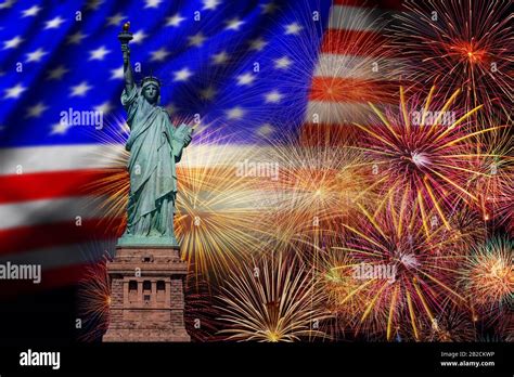 Statue of Liberty over the Multicolor Fireworks Celebrate with the United state of America USA ...