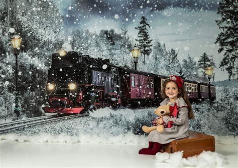 Kate Winter Christmas Train Backdrop Snow for Photography