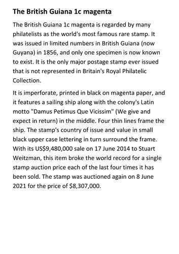 The British Guiana 1c magenta Handout | Teaching Resources