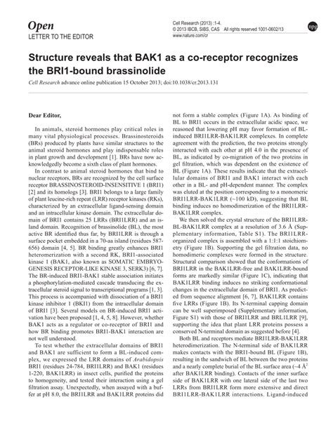 (PDF) Structure reveals that BAK1 as a co-receptor recognizes the BRI1-bound brassinolide