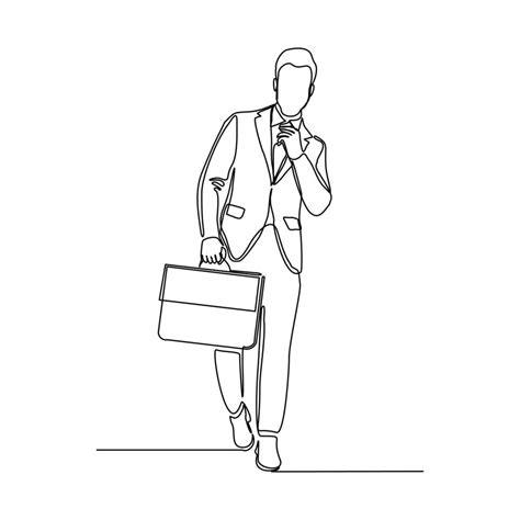 Continuous line drawing of happy young business man holding briefcase. Single one line art of ...